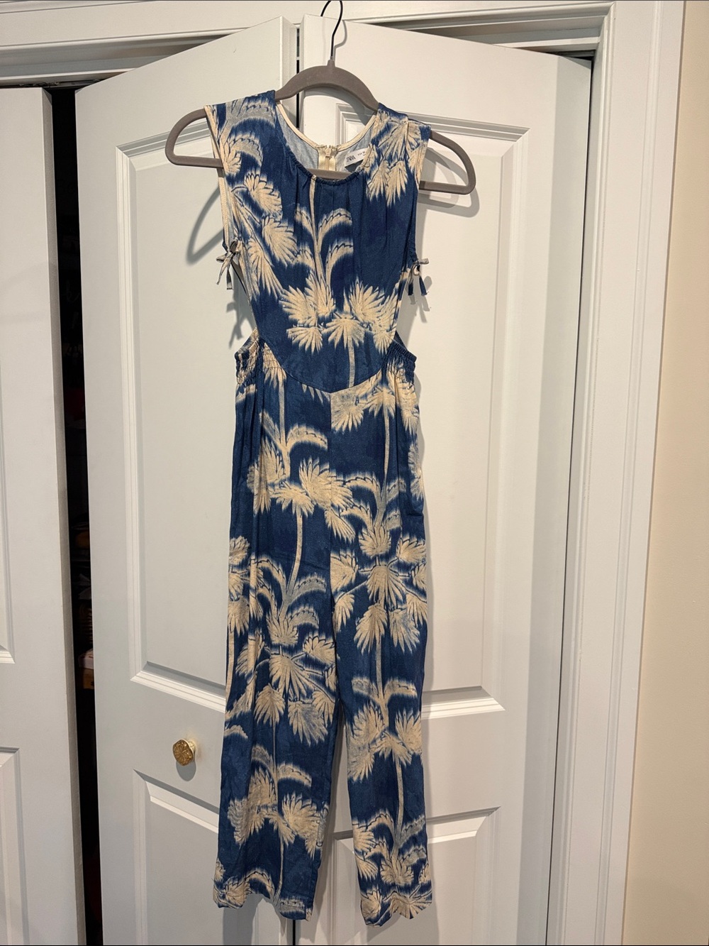 Zara Blue and Cream Palm-Print Sleeveless Dress